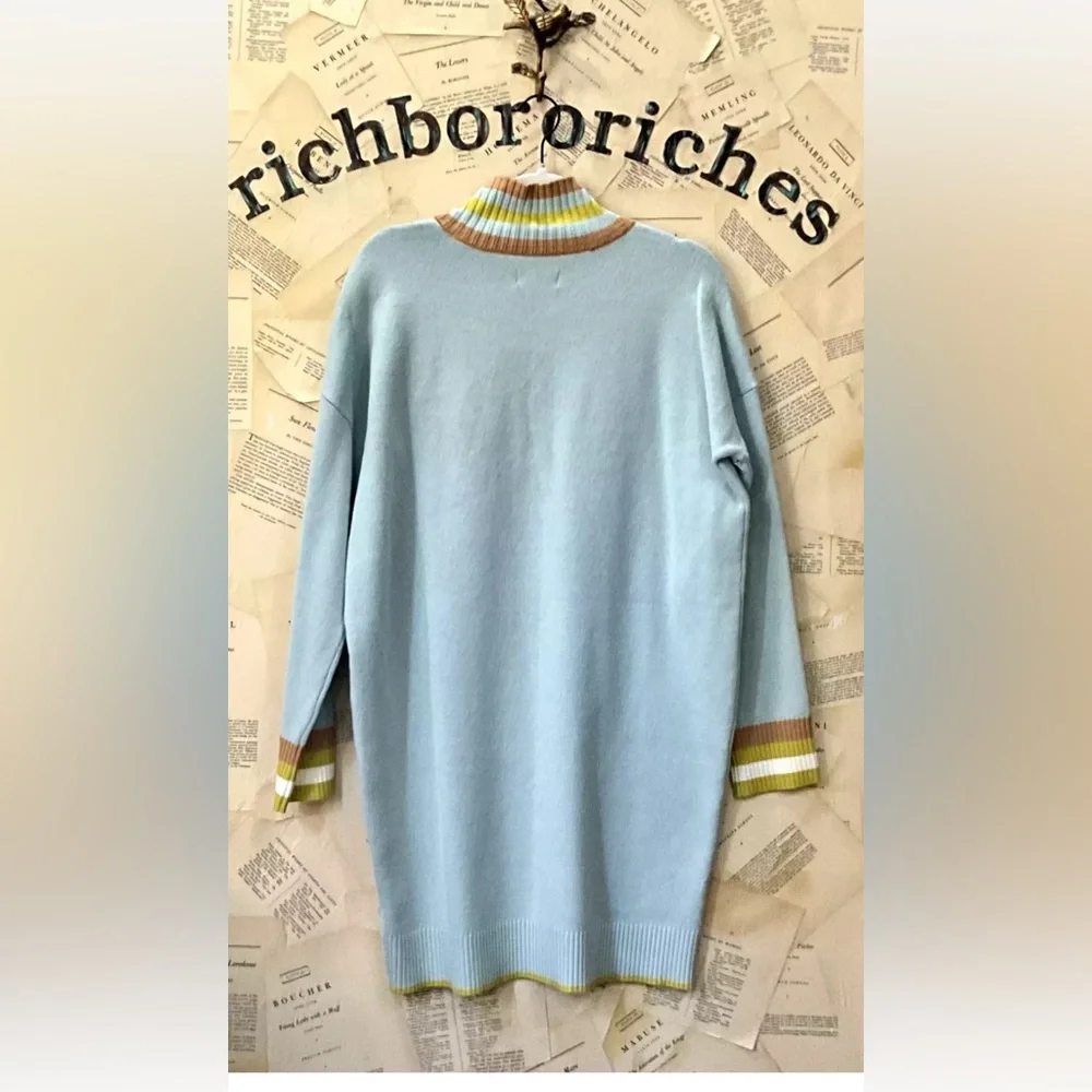 Anthropologie Maeve Varsity Half Zip Tunic Mini Sweater Dress Aqua Teal - Picture 6 of 7